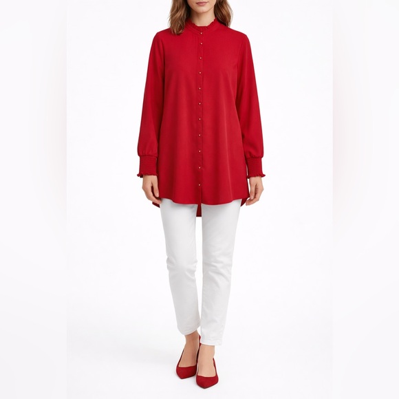 Soft Surroundings Tops - Soft Surroundings Stunning Red Long Sleeve Gold Beaded Button Up Blouse Size L